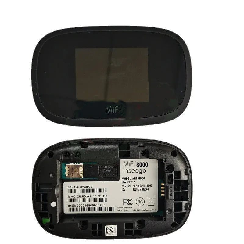 Black Full Network 4G portable wireless router with LCD screen, shown alongside a SIM card and battery.