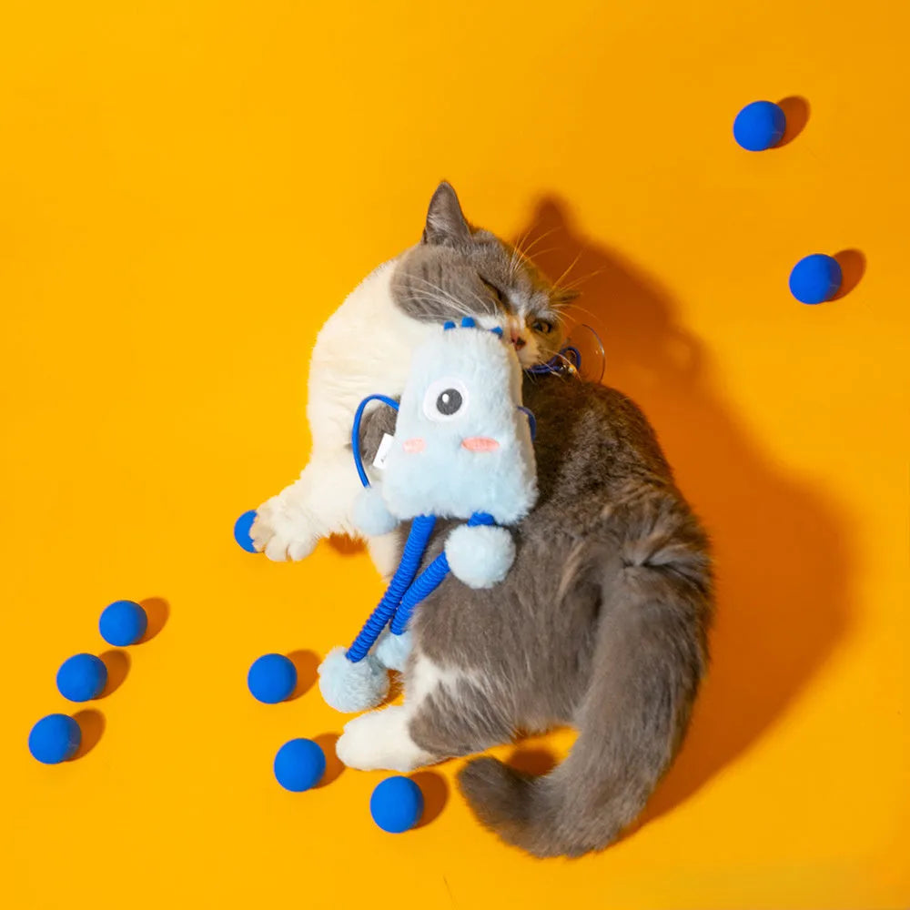 Blue telescopic elastic rope cat toy with plush and bell attachments on a white background.