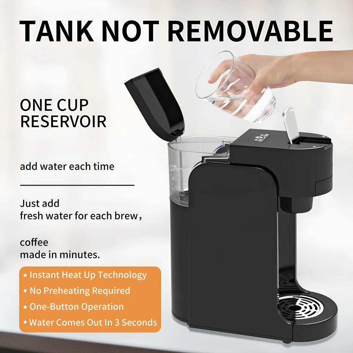 Black and white mini capsule coffee machine with transparent water tank and stainless steel drip tray on a kitchen counter