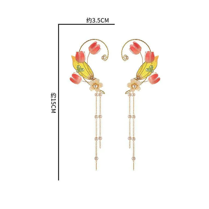 Pink flower earrings with long pearl tassel on alloy base with silver or gold plating