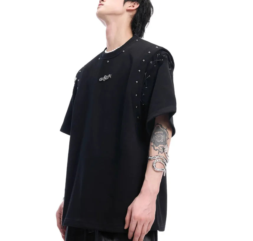Women's black lace-up cutout short sleeve t-shirt with deconstruction styling detail