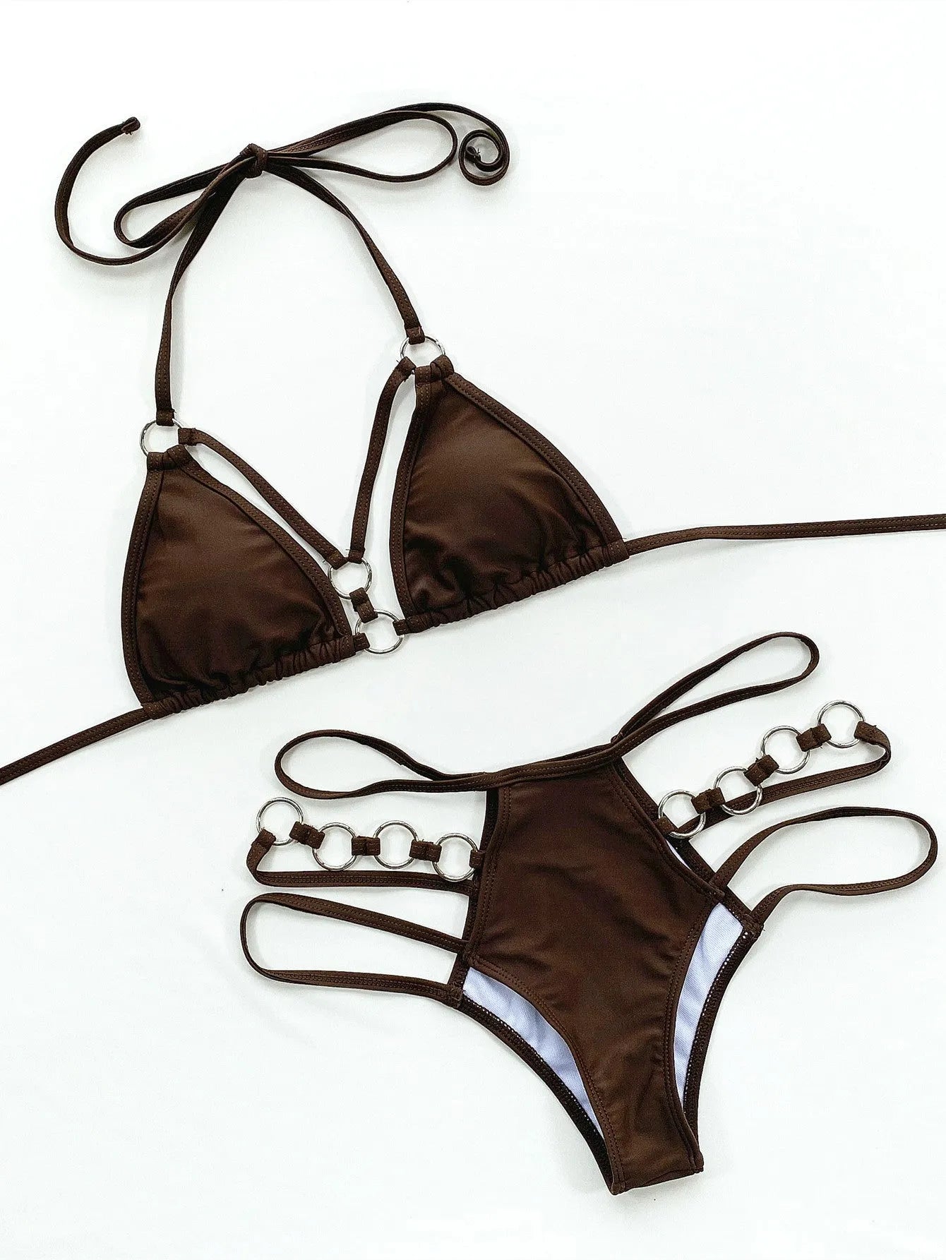 Women's pure colour separated nylon bikini set in red, shown as a bikini top and matching shorts.