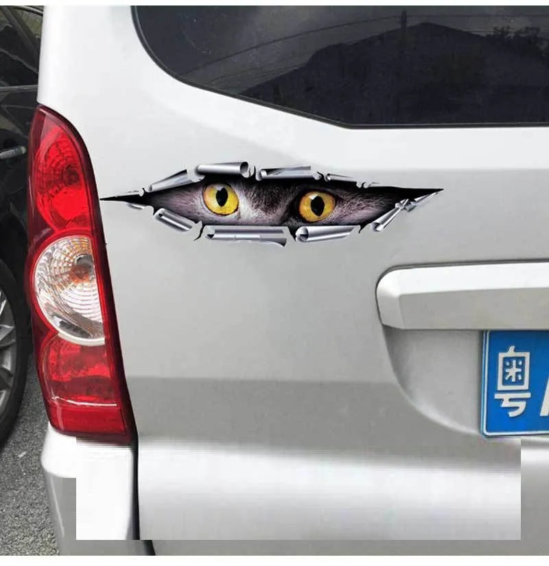 Tiger Eye Eagle Eye 3D car bumper sticker on transparent PVC, 10 cm by 35 cm.