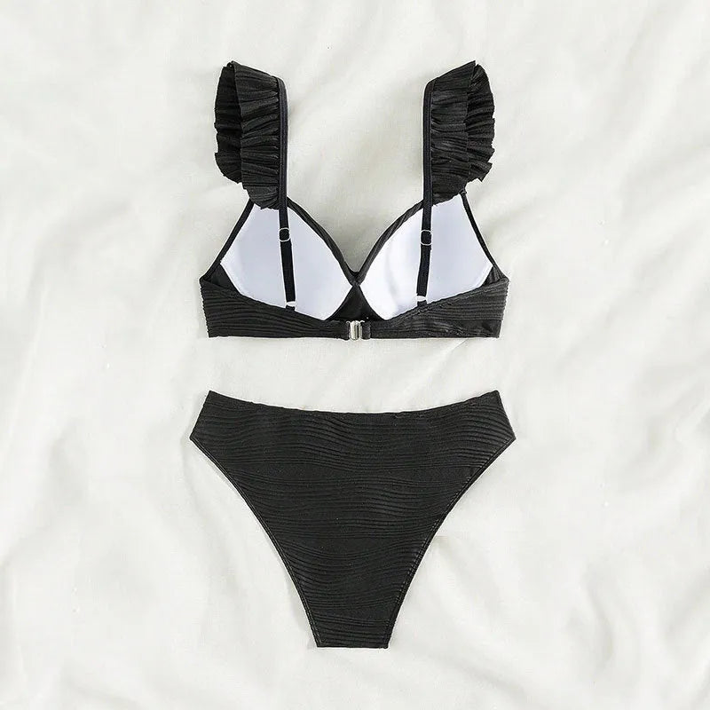 Women's solid colour bikini swimsuit in black or khaki option