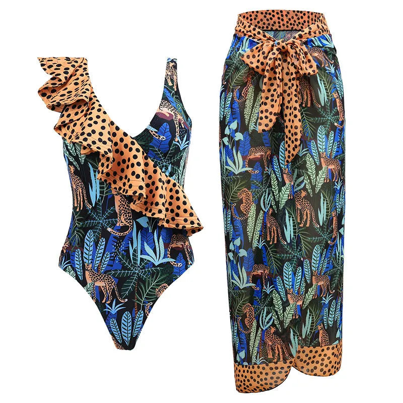 Women's solid colour spaghetti strap one-piece swimsuit with a matching skirt laid flat