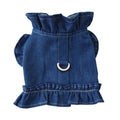 Dark blue denim dog dress with ruffles and a metal leash hook on the chest.