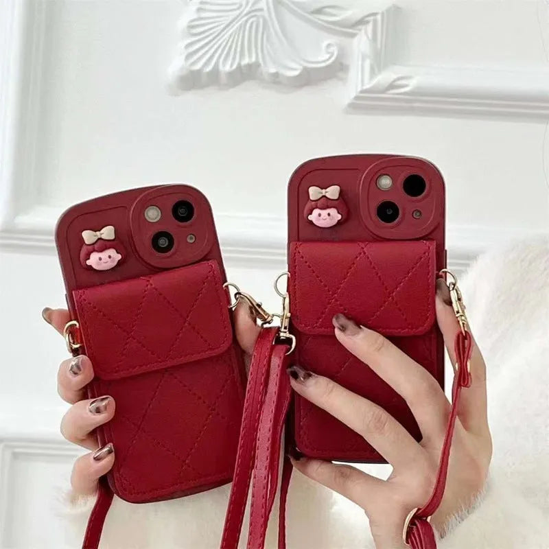 Red diamond plaid TPU crossbody card holder phone case with lanyard for iPhone models