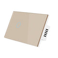 A white 2-gang touch light switch with a tempered glass panel and blue LED indicator light.