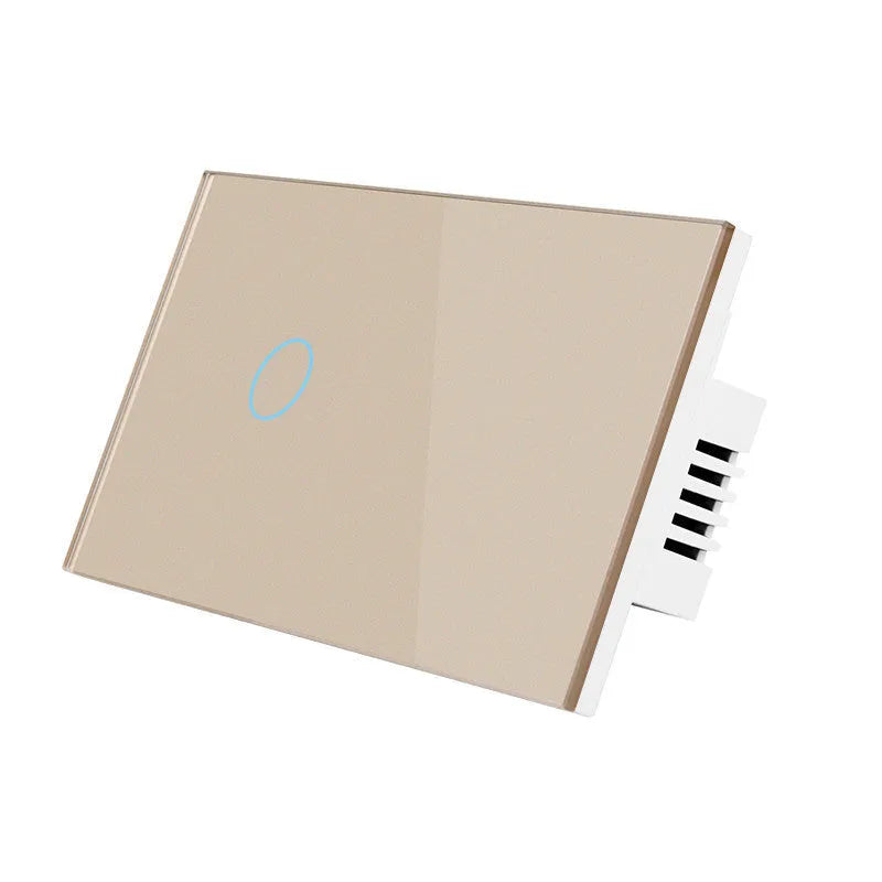 A white 2-gang touch light switch with a tempered glass panel and blue LED indicator light.