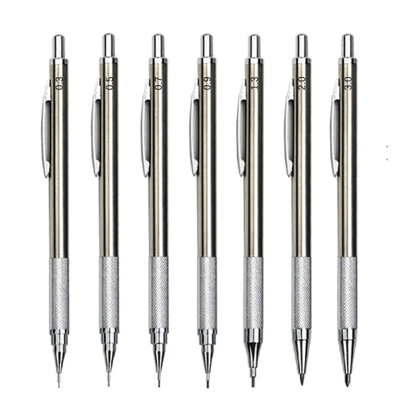 Metal automatic mechanical pencil with multiple lead size options including 0.5mm and 2.0mm diameters
