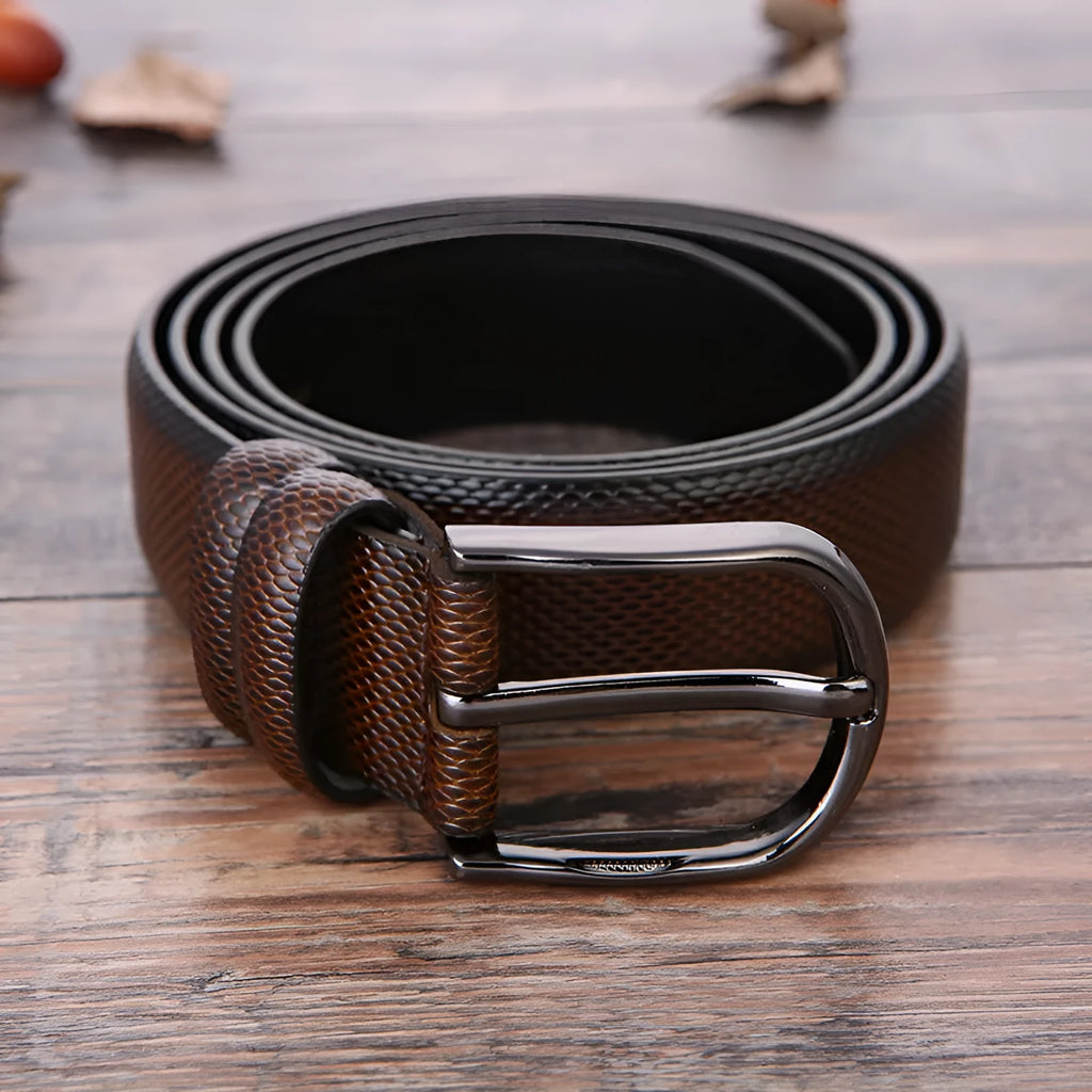 Men's business belt with laser logo detail, alloy pin buckle, and imitation leather strap showing pattern design options
