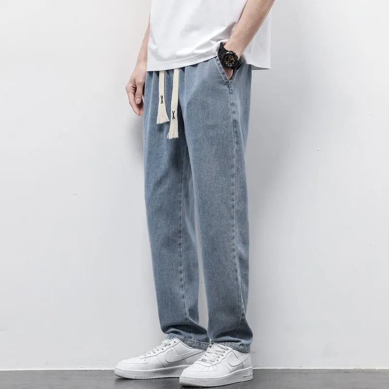 Men's loose wide leg denim trousers with elasticated drawstring waist in multiple colours, straight-leg fit
