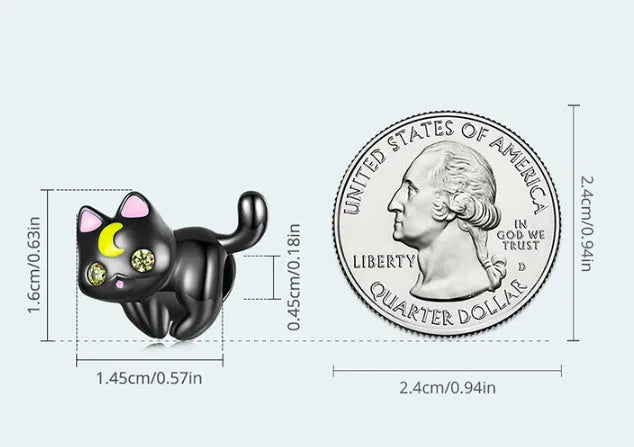 925 silver moon cat charm bead, black gold plated, 1.6cm by 1.45cm with 0.45cm hole for bracelet making