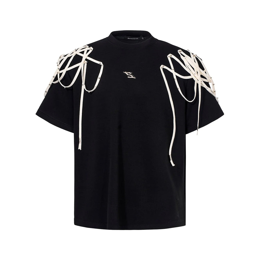 Black loose fit women's T-shirt with padded shoulders featuring rivet ribbon detail