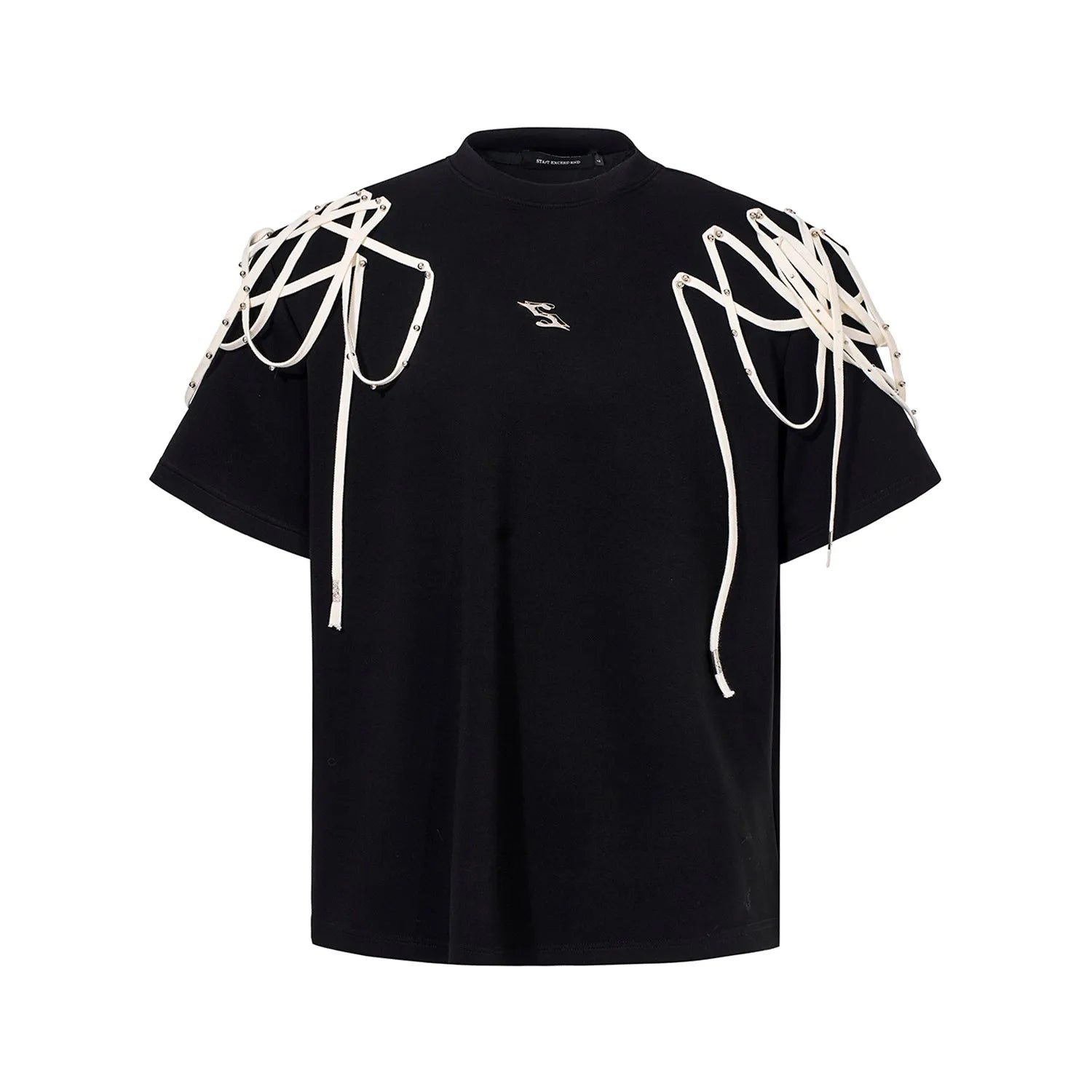 Black loose fit women's T-shirt with padded shoulders featuring rivet ribbon detail