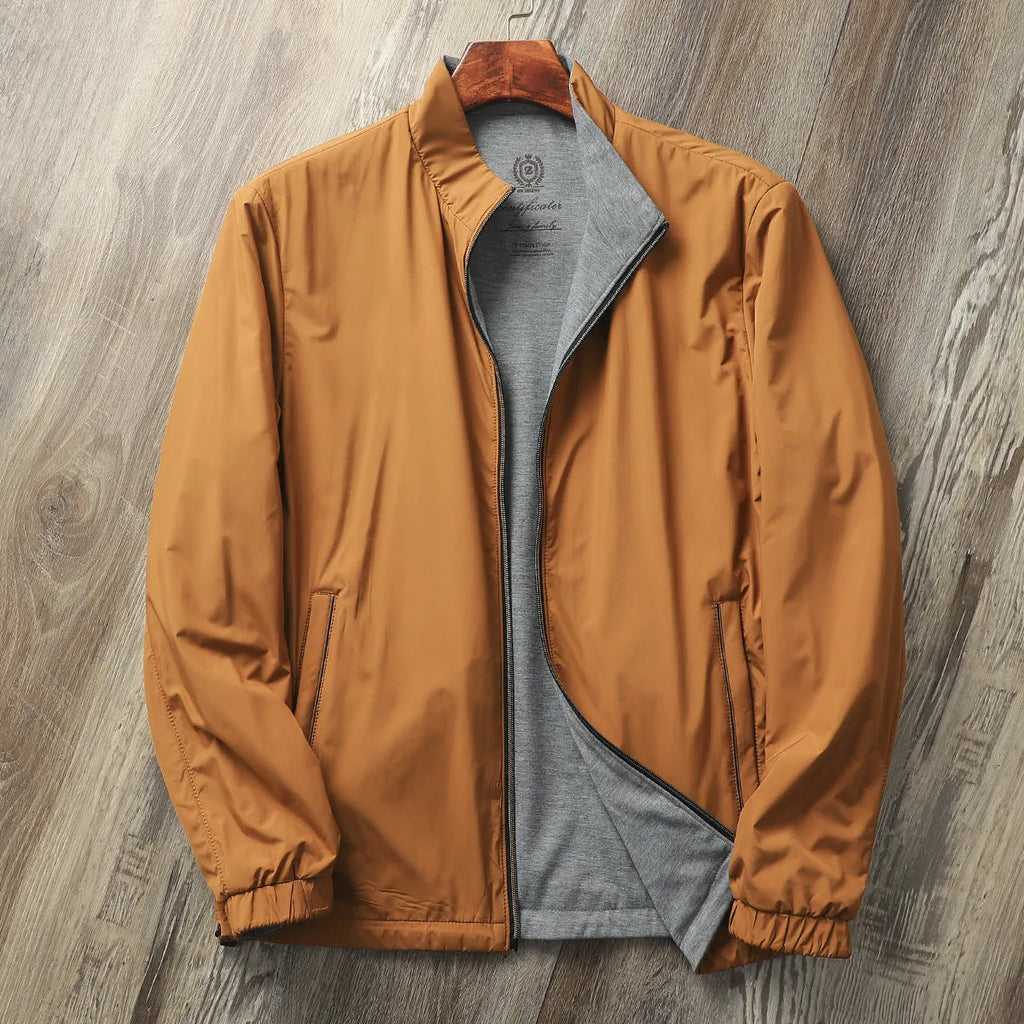 Men's stand collar casual jacket in Army Green, shown on a hanger