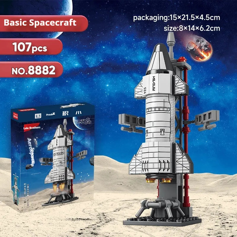 Colour box packaging of space rocket building blocks featuring space station, starship, Apollo 5, Falcon Heavy rocket, and dragon flying ship sets