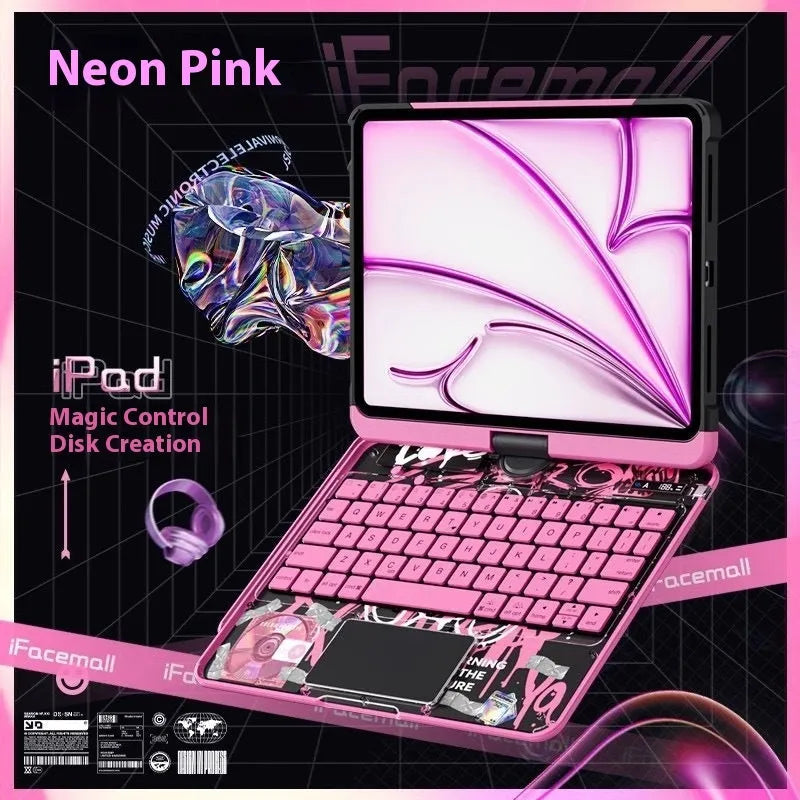 Blue iPad protective case showing shockproof PC construction with mute keyboard compatibility feature