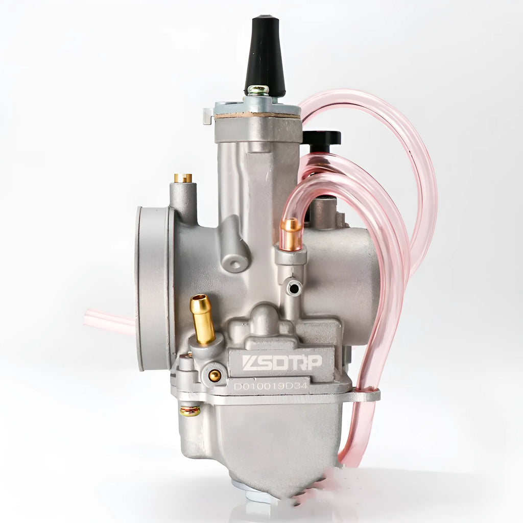 Seven PWK sandblasted motorcycle carburettors in sizes 21mm, 24mm, 26mm, 28mm, 30mm, 32mm, and 34mm for engine modification.
