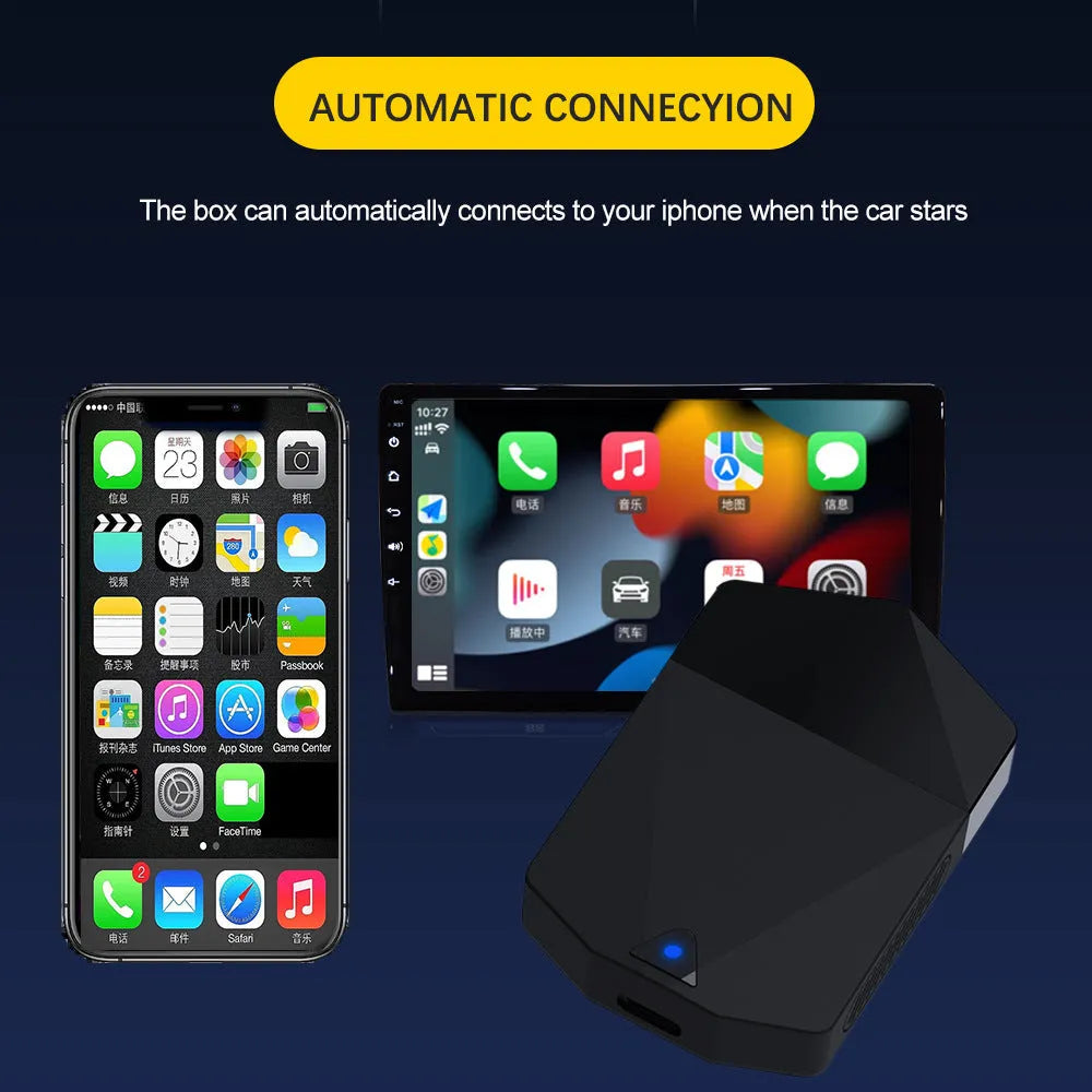 Black ABS wireless CarPlay adapter box M25 with 9 inch 1080 capacitive screen and Type-C interface, 65x43x12mm
