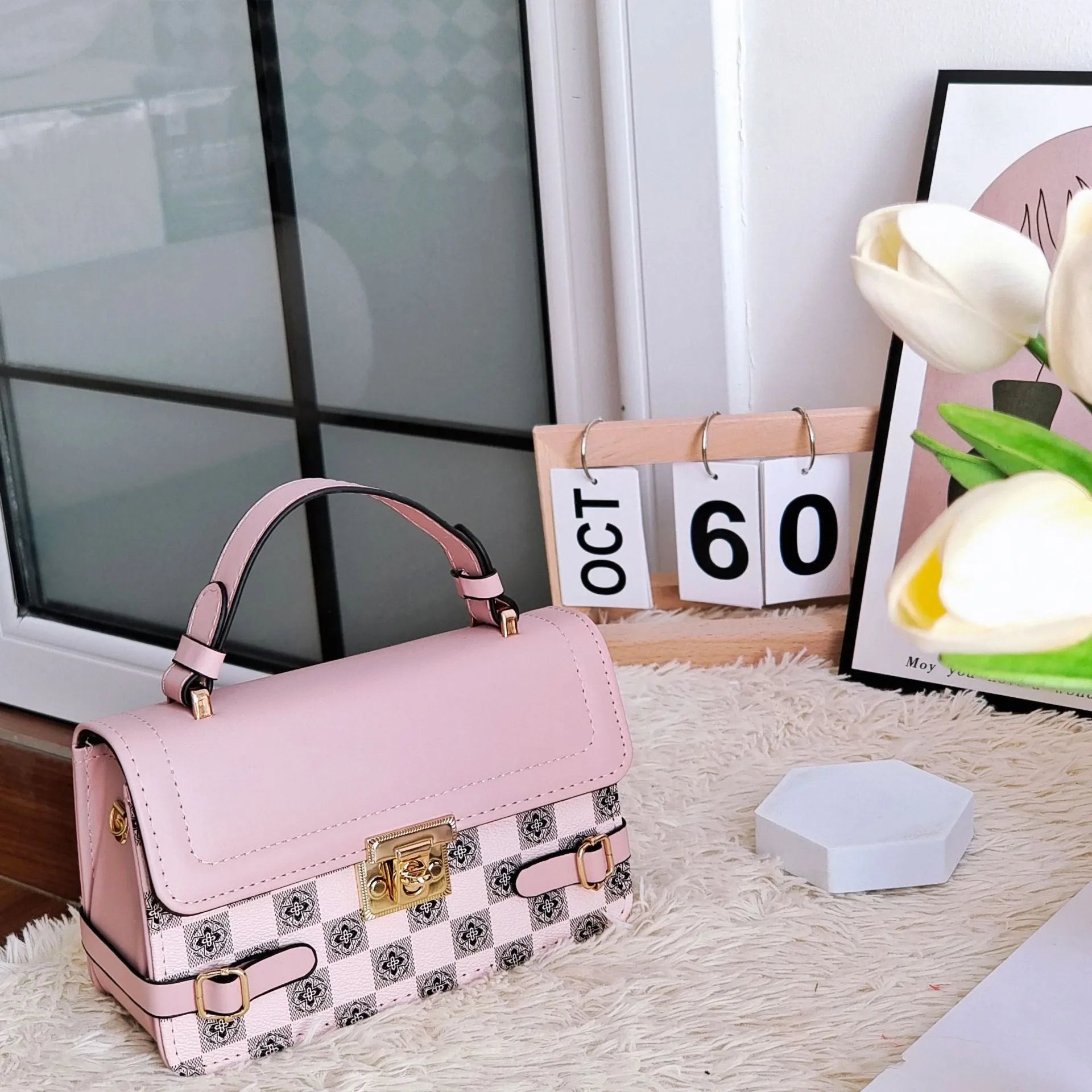 Retro small square PU leather crossbody bag with floral embroidery and plaid pattern in apricot colour.