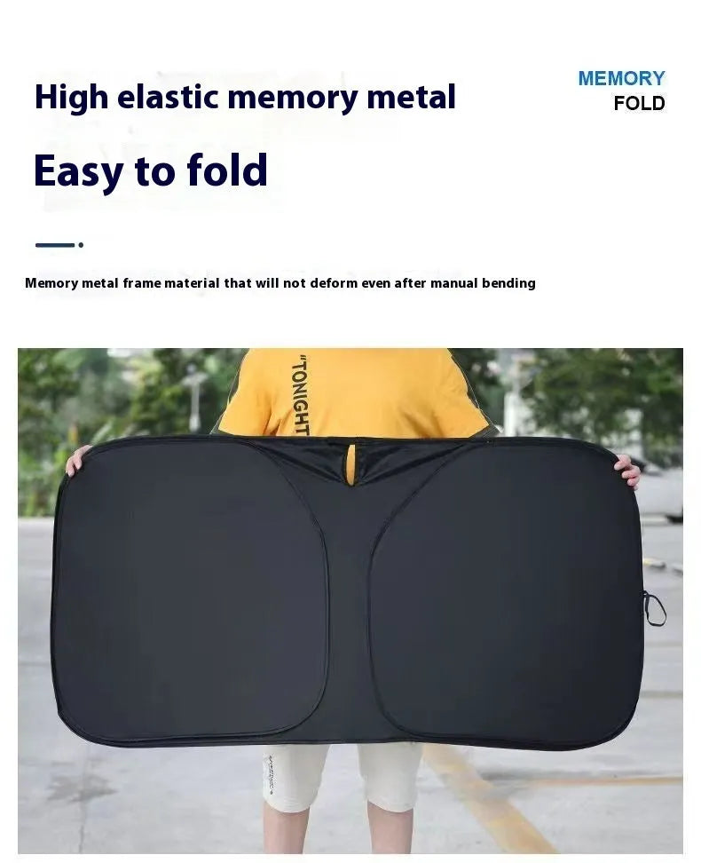 Aluminium foil car windscreen sunshade folded, showing reflective titanium silver surface and size options.