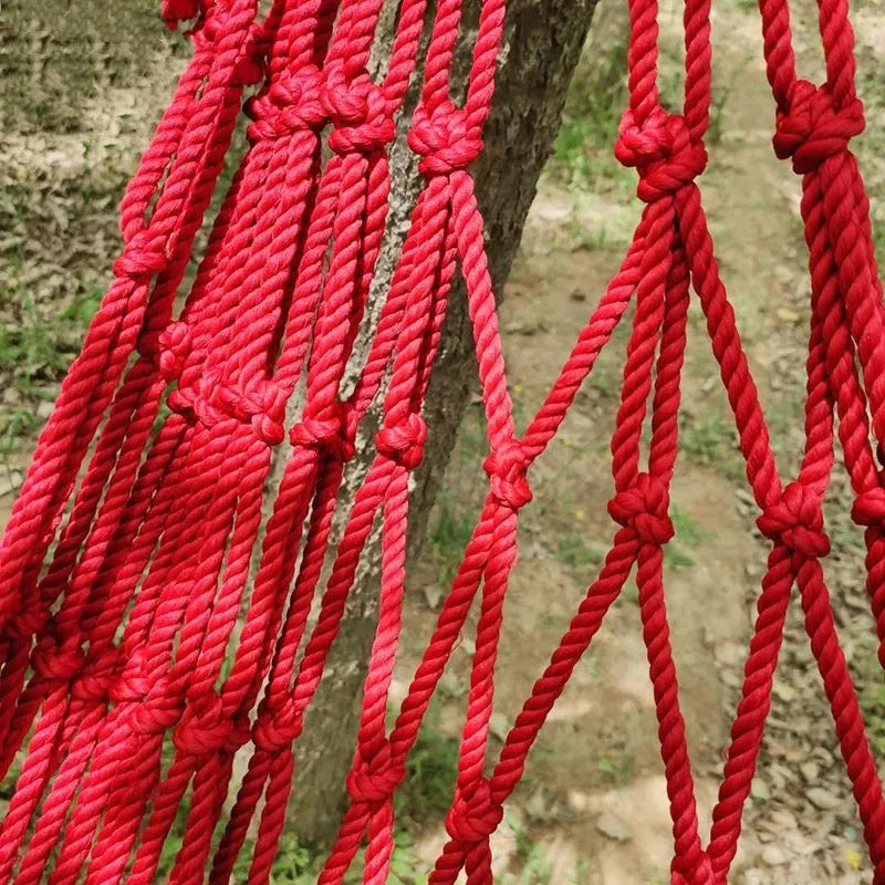 Nylon rope mesh hammock showing 1.1m width and woven construction for outdoor use
