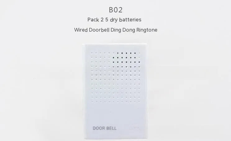 White wired dingdong doorbell 87x62x23mm on a wooden door frame