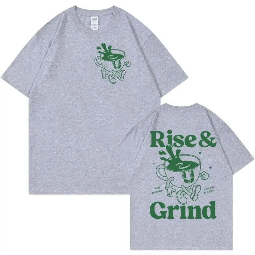 Man's loose fit linen t-shirt featuring a green 'Rise And Grind' coffee cartoon graphic print.