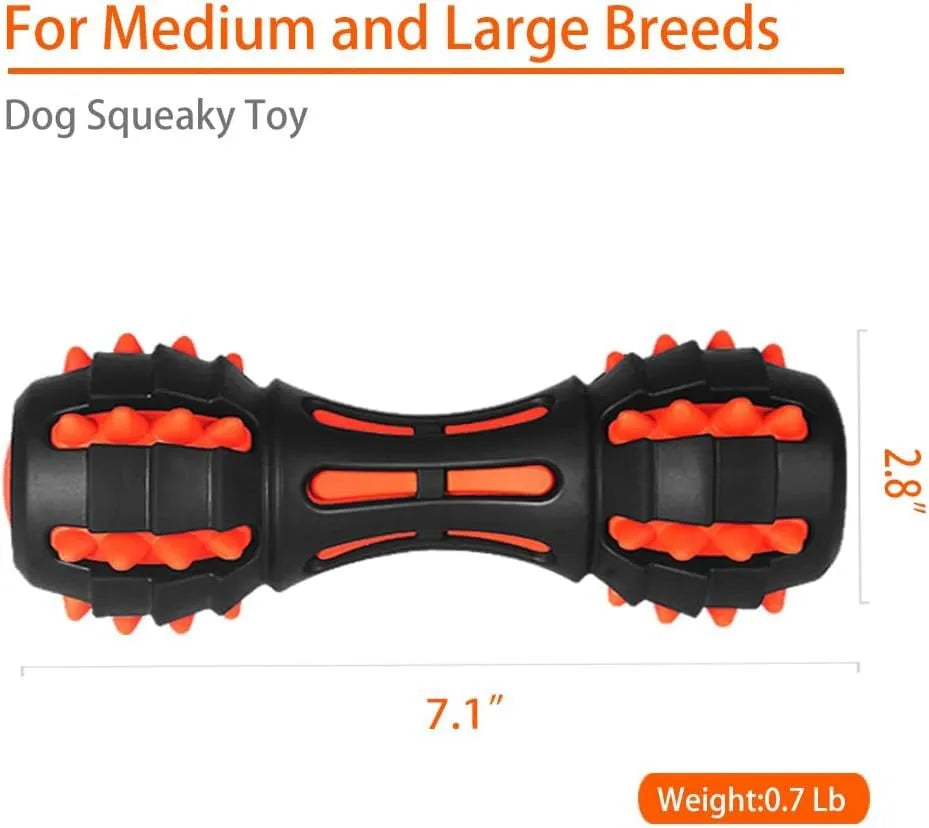 Red dumbbell-shaped dog chew toy made of natural rubber for aggressive chewers.
