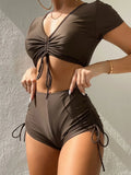 Women's lace-up bow swimsuit in polyester with front adjustable design and decorative bow