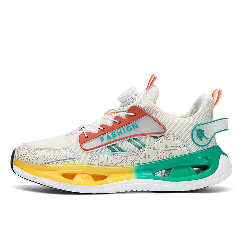 Men's low-top mesh sports shoes in solid colours with elastic band and popcorn TPU sole.