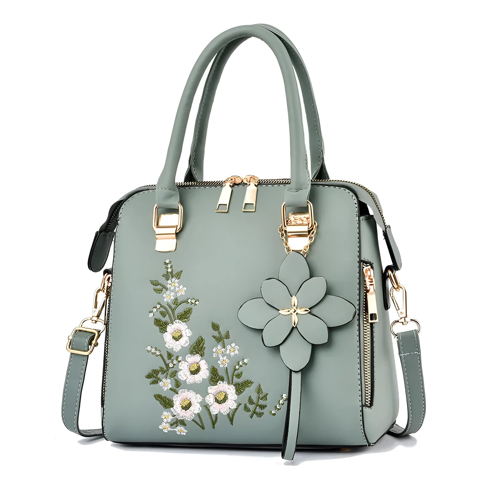 Large embroidered flower handbag for women in horizontal square shape with zipper closure and single strap