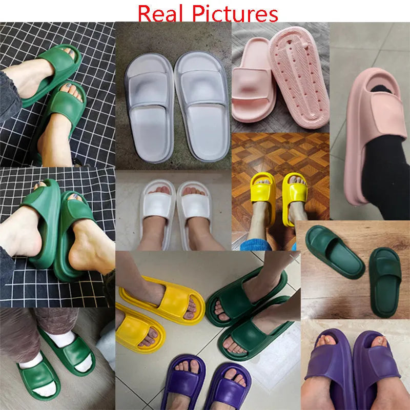 Thick-soled EVA flip flop slippers in multiple colours on a white background.