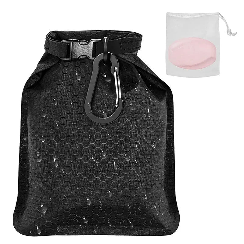 White mesh soap bag with drawstring, measuring 17cm by 13cm, for waterproof bar soap storage.