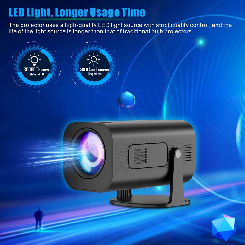 Black or white portable mini projector with remote control showing mobile phone connectivity