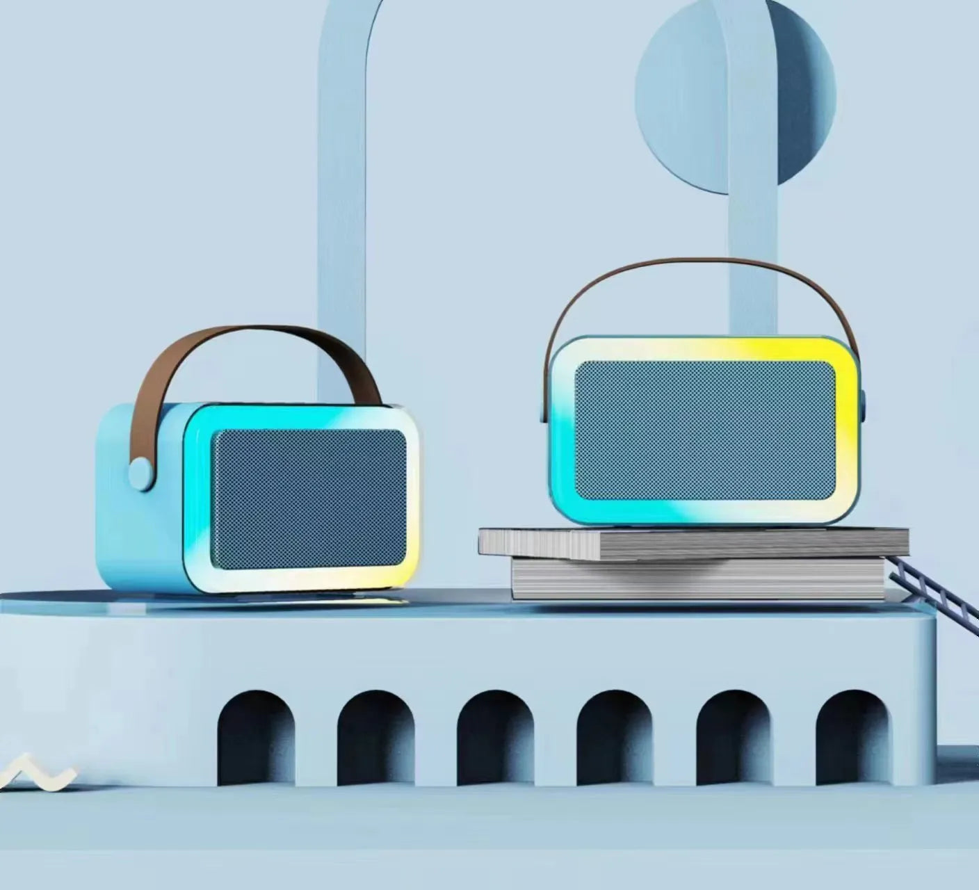 Portable white Bluetooth speaker with microphone and coloured LED lights for karaoke and outdoor use.