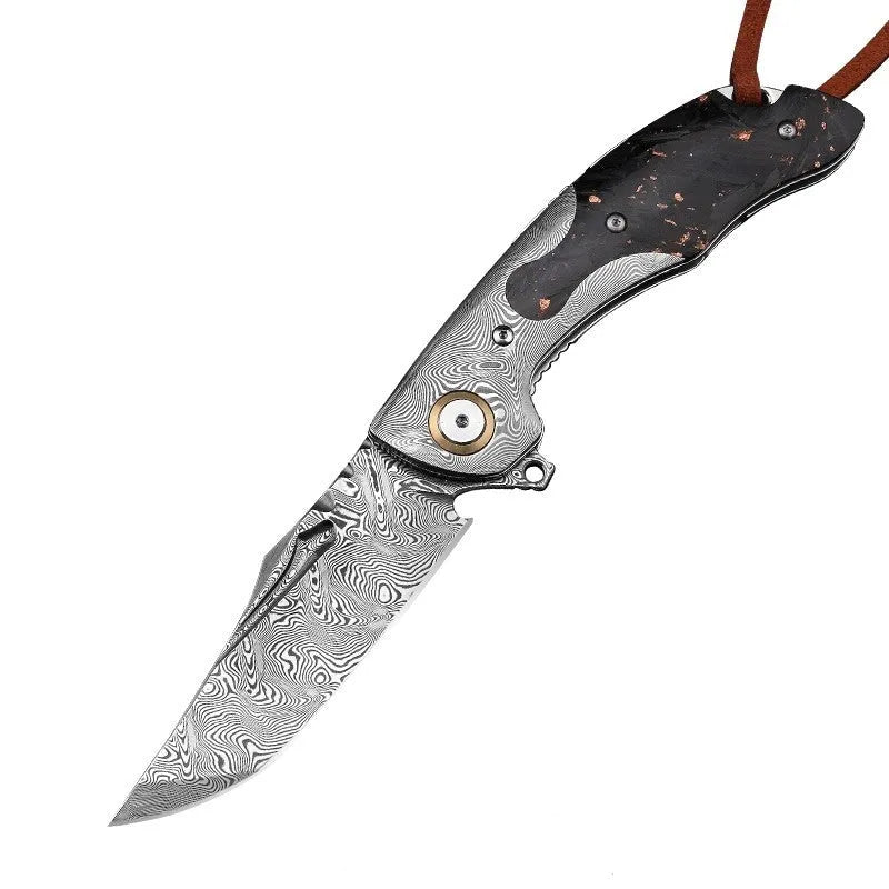 Outdoor camping survival folding knife with high hardness pattern steel blade and knife stab function