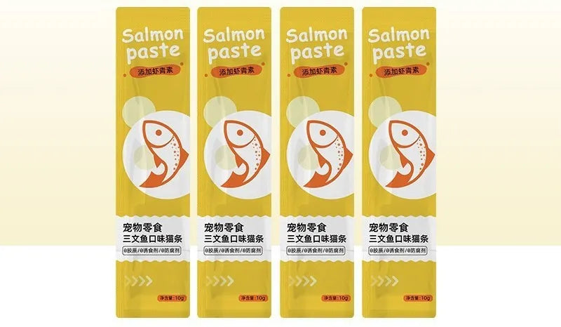 Cat strip snacks for kittens in childhood stage with four flavour varieties including chicken catgrass and tuna prebiotics