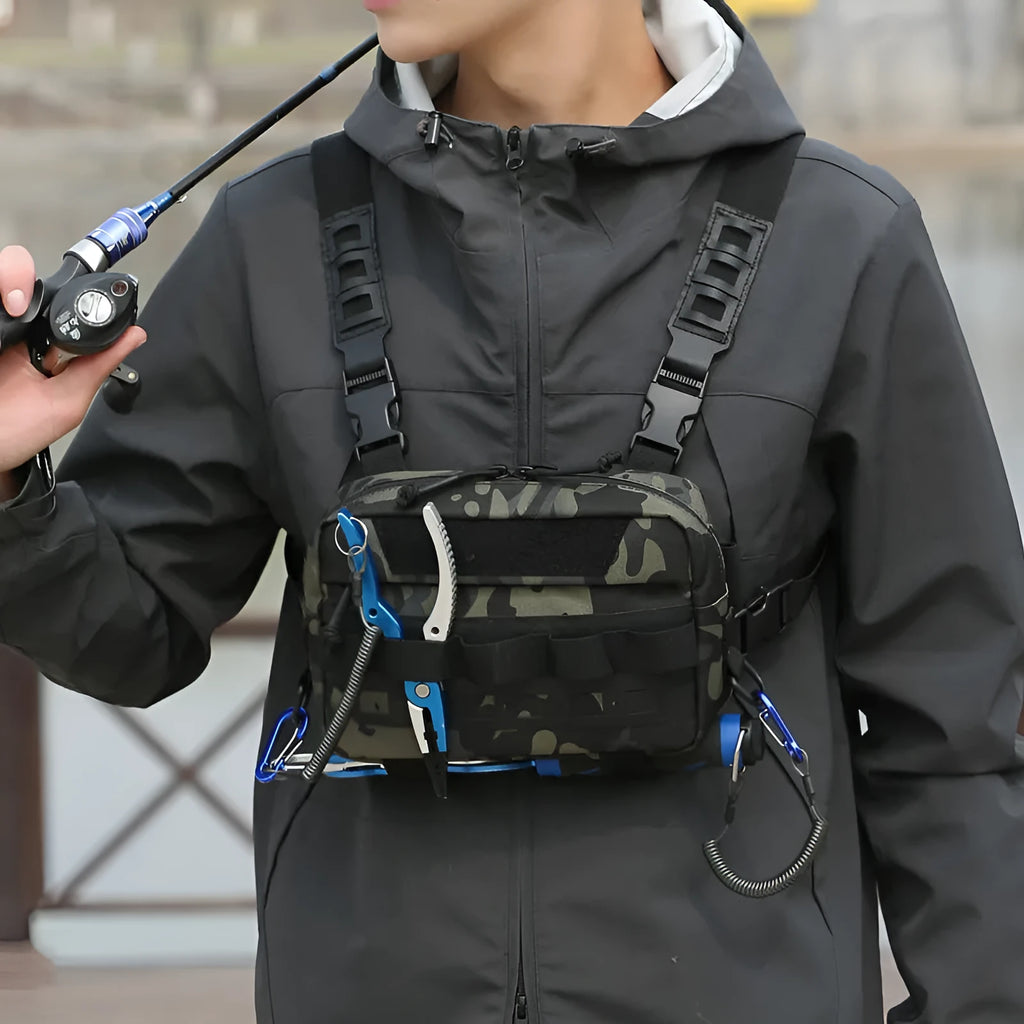 Tactical chest bag in black polyester with under 20L capacity for hiking and cycling