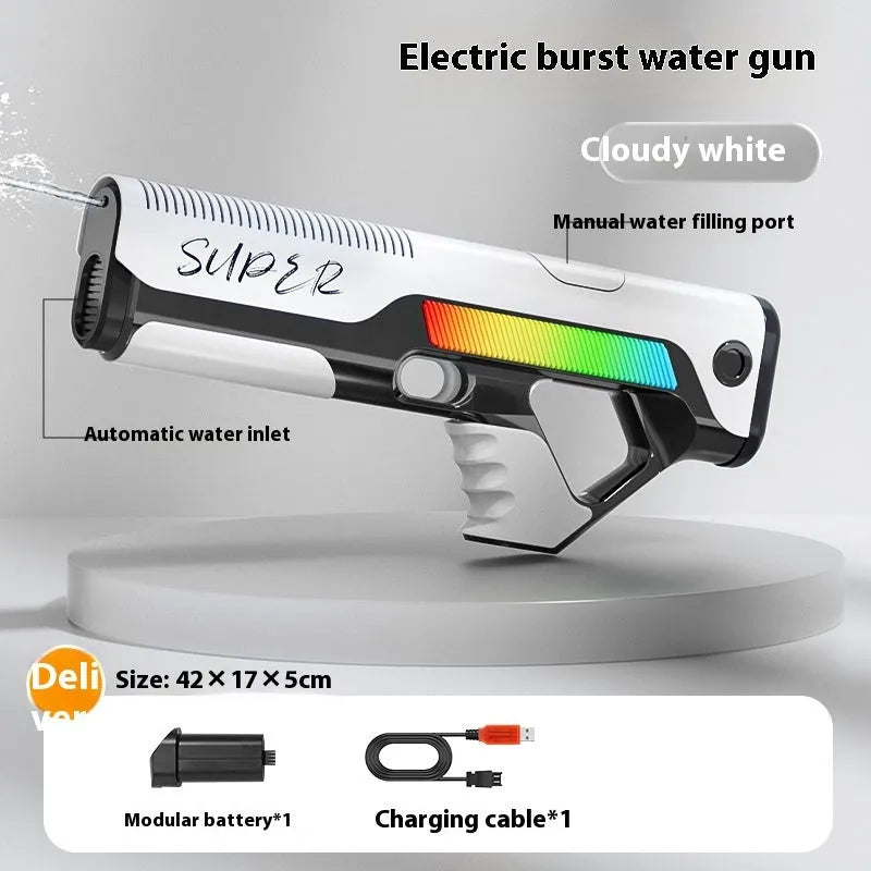 Automatic feeding electric water gun in blue with plastic body and USB port, 42x17x5 cm outdoor toy