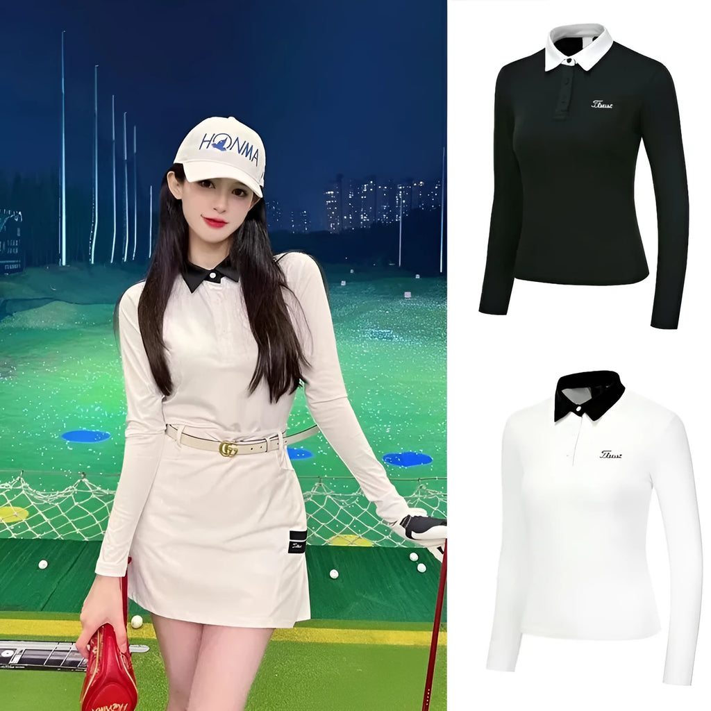 Women's white golf top with long sleeves for sun protection during outdoor activities