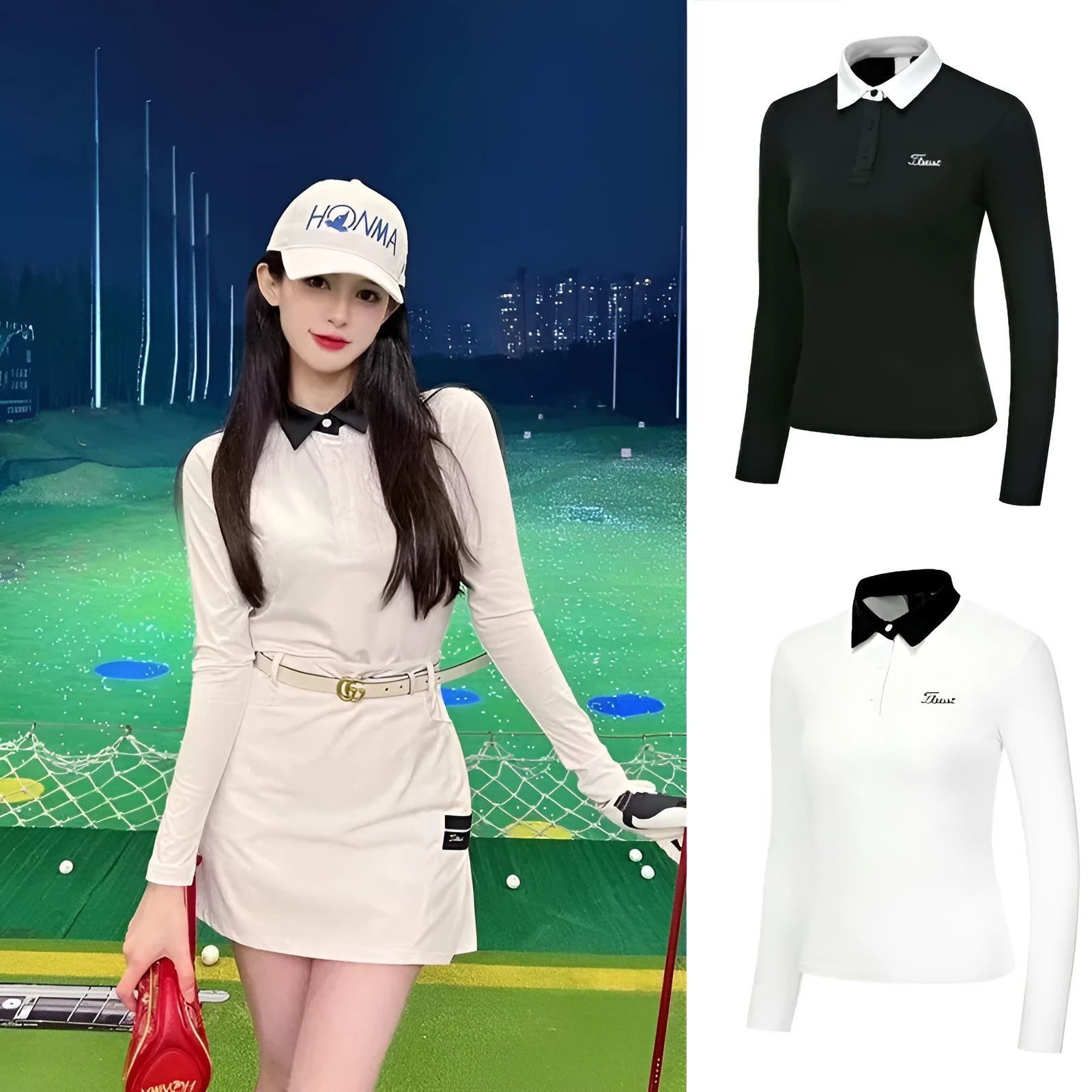Women's white golf top with long sleeves for sun protection during outdoor activities