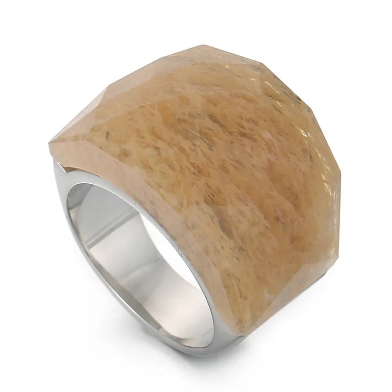 Women's geometric stainless steel natural stone ring with 17mm width in electroplated finish