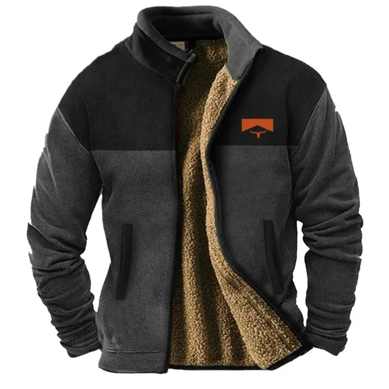 Men's green polyester fleece padded coat on a hanger, showing regular fit and zip front.