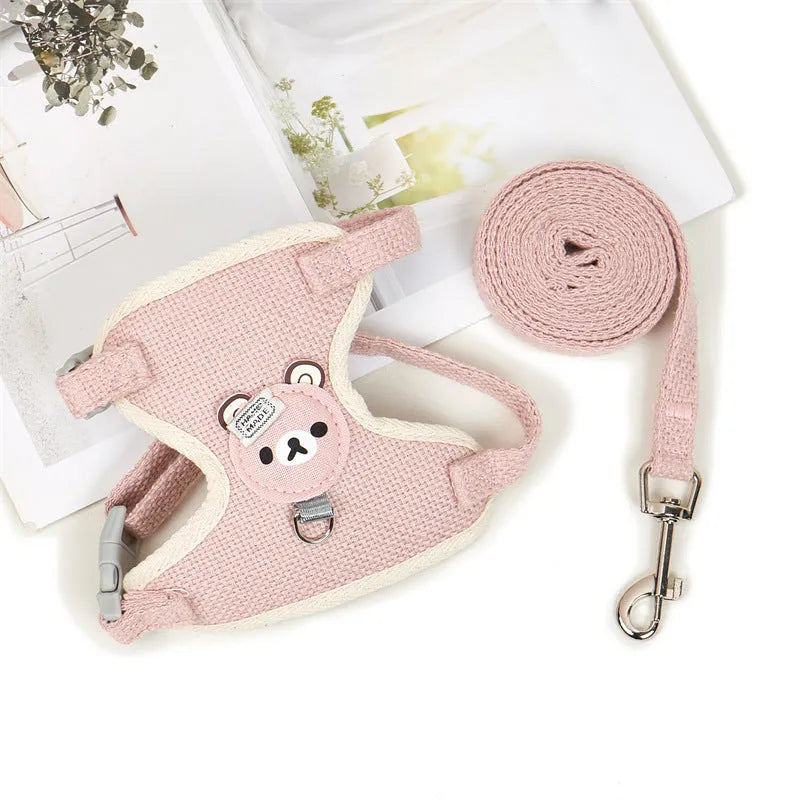Adjustable dog hand holding rope vest set with cloth chest strap and traction rope in blue, grey, pink or beige, sizes S and M.
