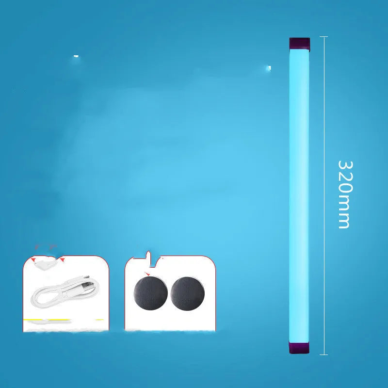 Rechargeable dimmable LED tube light in blue or purple colour showing 17cm, 32cm, and 52cm size options.
