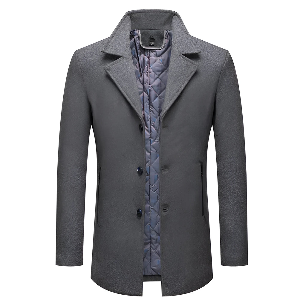 Men's loose wool coat with cotton padding, zipper pocket, solid grey burgundy or camel colour, sizes M to XXXXL