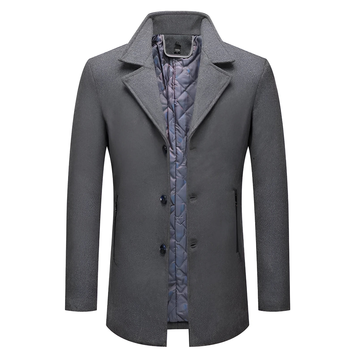 Men's loose wool coat with cotton padding, zipper pocket, solid grey burgundy or camel colour, sizes M to XXXXL
