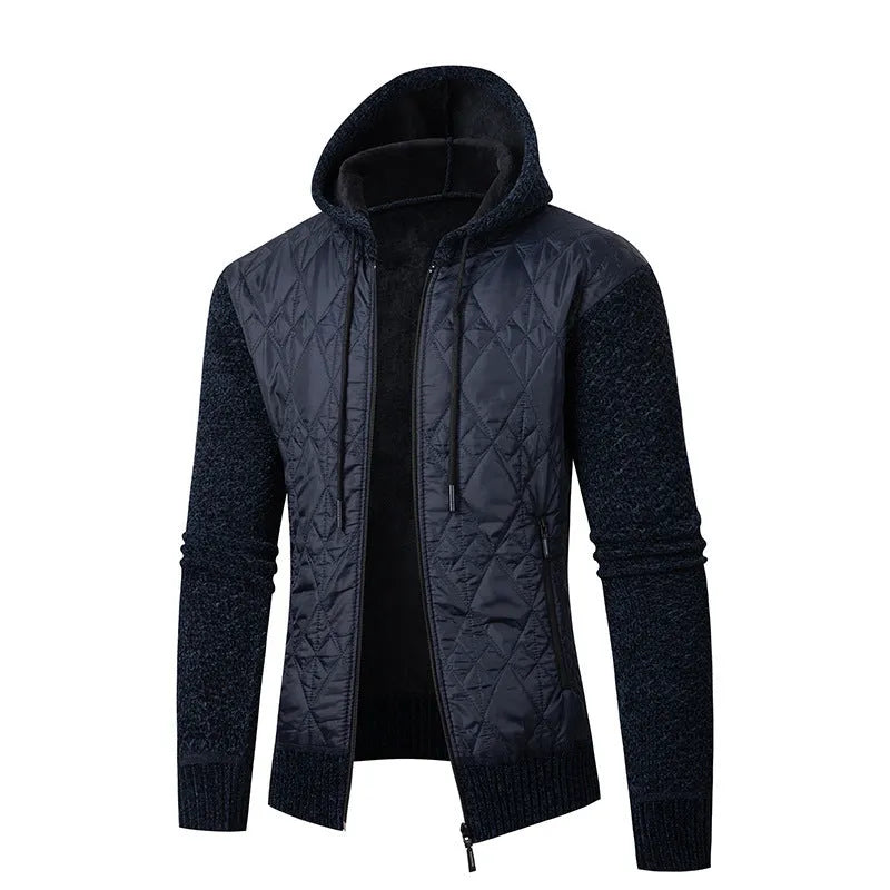 Men's gray corduroy hooded sweater coat with cinched waist worn as winter outerwear